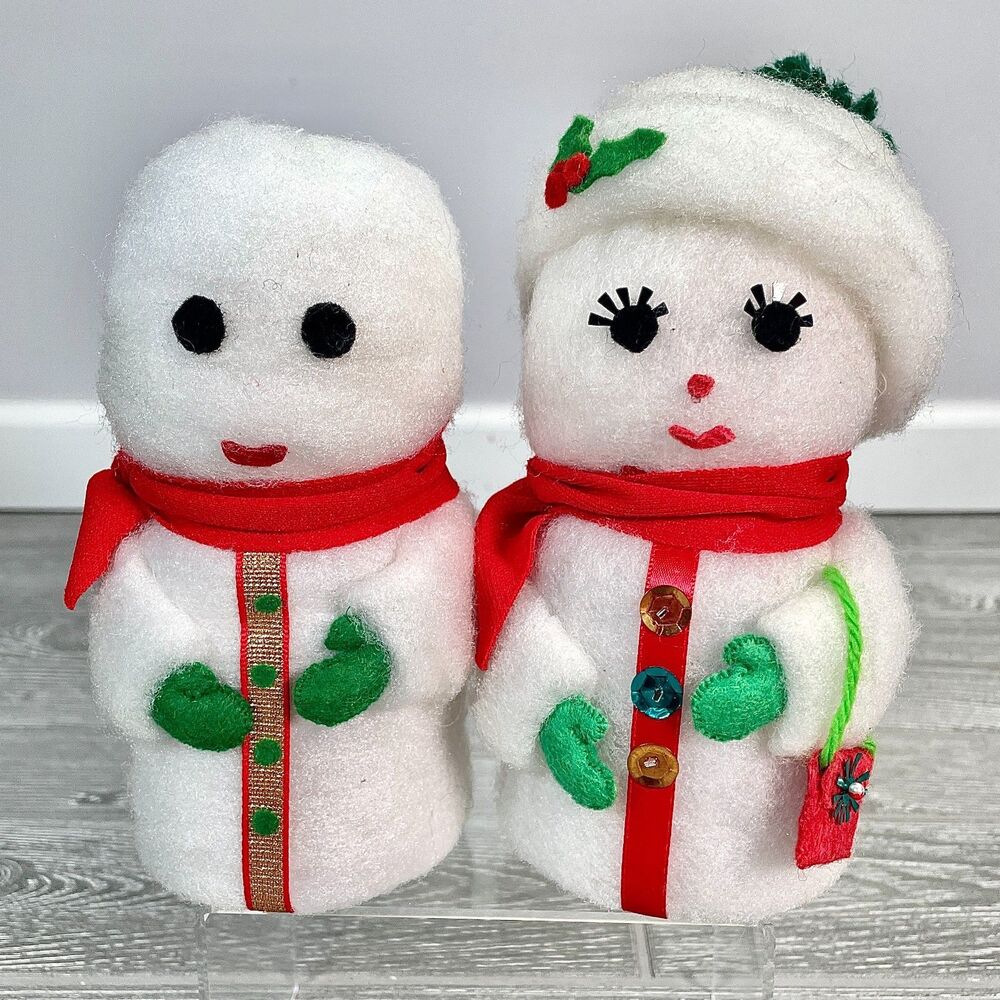 Two Vintage Spun Cotton Batting Snowman and Lady Winter Holiday Christmas Mr Mrs